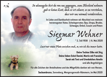 Traueranzeige von Siegmar Wehner von Südthüringer Presse