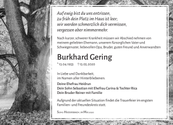Traueranzeige von Burkhard Gering von Südthüringer Presse