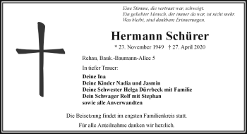 Traueranzeige von Hermann Schürer von Frankenpost