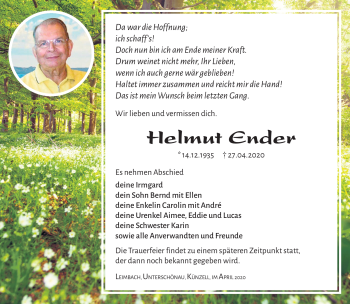 Traueranzeige von Helmut Ender von Südthüringer Presse