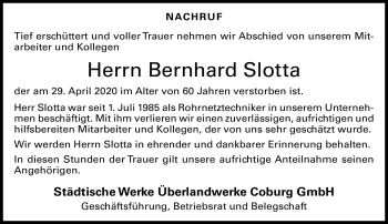 Traueranzeige von Bernhard Slotta von Neue Presse Coburg