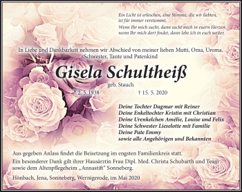 Traueranzeige von Gisela Schultheiß von Südthüringer Presse