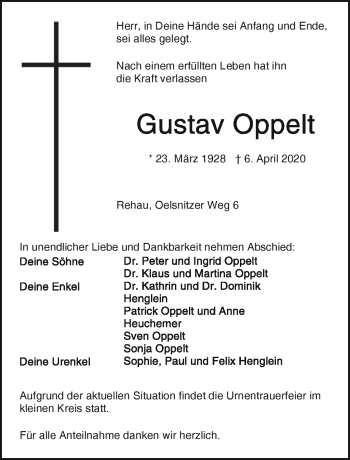 Traueranzeige von Gustav Oppelt von Frankenpost