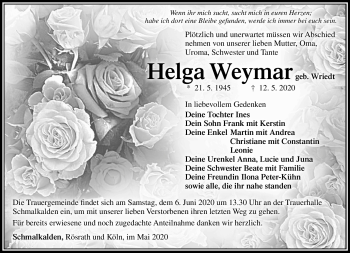 Traueranzeige von Helga Weymar von Südthüringer Presse