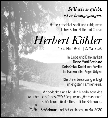 Traueranzeige von Herbert Köhler von Südthüringer Presse