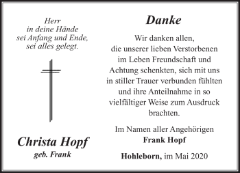 Traueranzeige von Christa Hopf von Südthüringer Presse