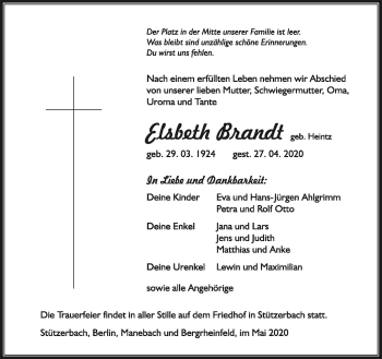 Traueranzeige von Elsbeth Brandt von Südthüringer Presse