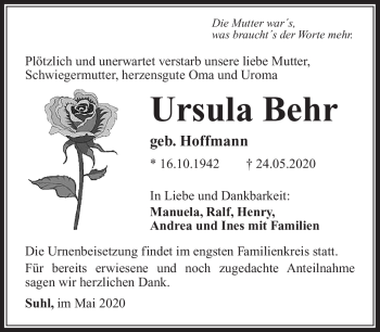 Traueranzeige von Ursula Behr von Südthüringer Presse