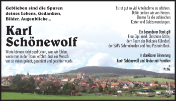 Traueranzeige von Karl Schönewolf von Südthüringer Presse