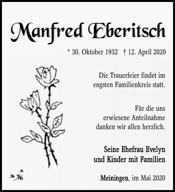 Traueranzeige von Manfred Ebertisch von Südthüringer Presse