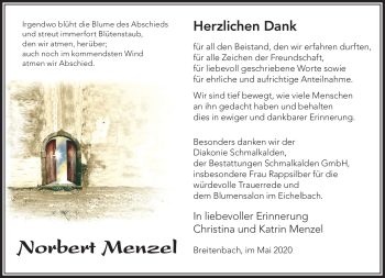 Traueranzeige von Norbert Menzel von Südthüringer Presse