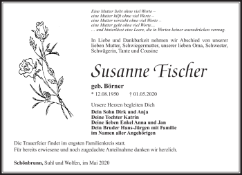 Traueranzeige von Susanne Fischer von Südthüringer Presse