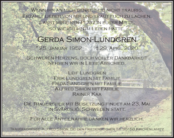 Traueranzeige von Gerda Simon-Lundgren von Frankenpost
