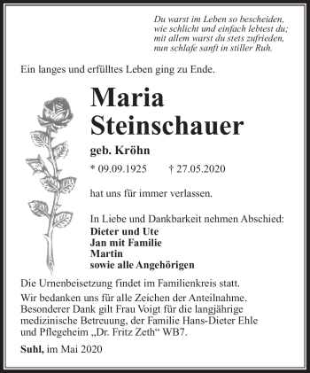 Traueranzeige von Maria Steinschauer von Südthüringer Presse