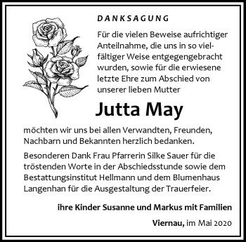 Traueranzeige von Jutta May von Südthüringer Presse
