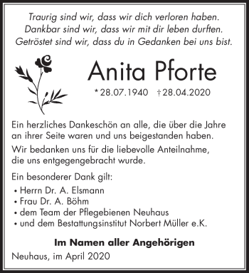 Traueranzeige von Anita Pforte von Südthüringer Presse