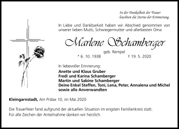 Traueranzeige von Marlene Schamberger von Neue Presse Coburg