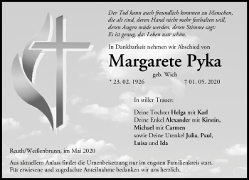 Traueranzeige von Margarete Pyka von Neue Presse Coburg