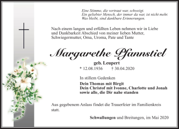 Traueranzeige von Margarethe Pfannstiel von Südthüringer Presse