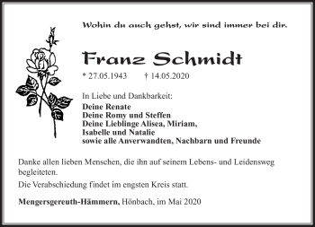 Traueranzeige von Franz Schmidt von Südthüringer Presse