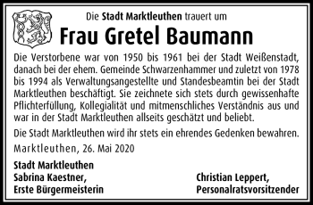 Traueranzeige von Gretel Baumann von Frankenpost