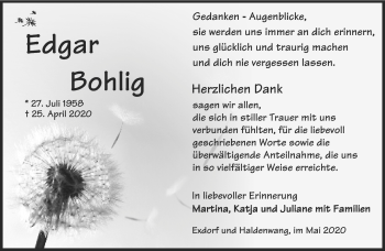 Traueranzeige von Edgar Bohlig von Südthüringer Presse
