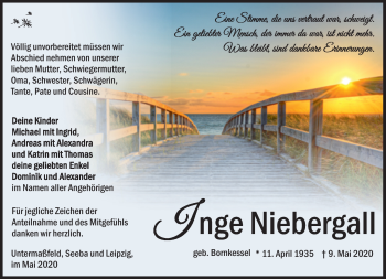 Traueranzeige von Inge Niebergall von Südthüringer Presse
