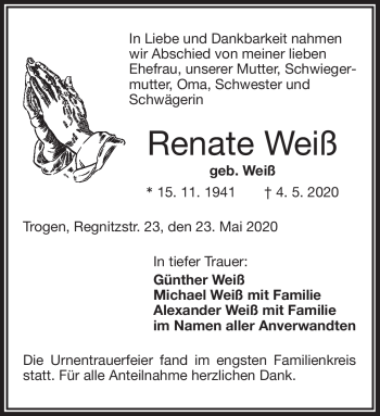Traueranzeige von Renate Weiß von Frankenpost