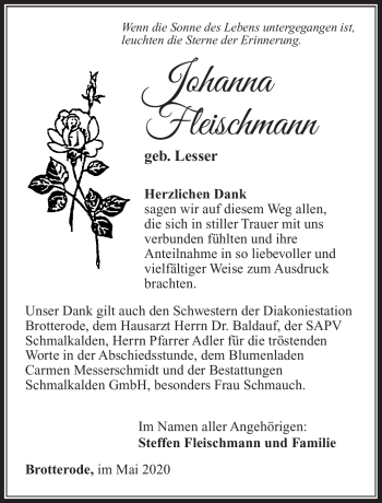 Traueranzeige von Johanna Fleischmann von Südthüringer Presse
