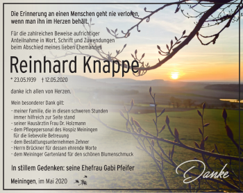 Traueranzeige von Reinhard Knappe von Südthüringer Presse