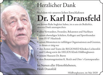 Traueranzeige von Karl Dransfeld von Südthüringer Presse