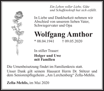 Traueranzeige von Wolfgang Amthor von Südthüringer Presse