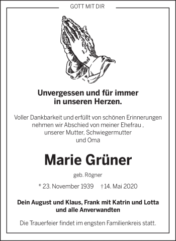 Traueranzeige von Marie Grüner von Neue Presse Coburg