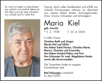Traueranzeige von Maria Kiel von Südthüringer Presse