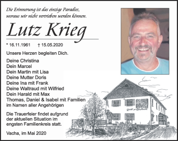 Traueranzeige von Lutz Krieg von Südthüringer Presse