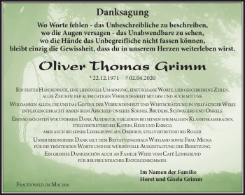 Traueranzeige von Oliver Thomas Grimm von Südthüringer Presse