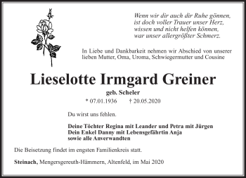Traueranzeige von Lieselotte Irmgard Greiner von Südthüringer Presse