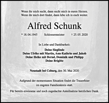 Traueranzeige von Alfred Schunk von Neue Presse Coburg