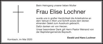 Traueranzeige von Elise Lochner von Frankenpost