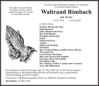 Traueranzeige von Waltraud Rimbach von Südthüringer Presse