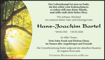 Traueranzeige von Hans-Joachim Bartel von Südthüringer Presse