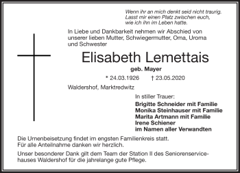 Traueranzeige von Elisabeth Lemettais von Frankenpost