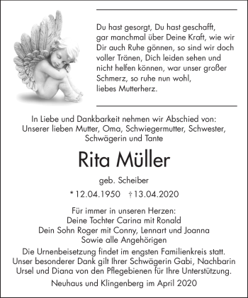 Traueranzeige von Rita Müller von Südthüringer Presse