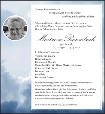 Traueranzeige von Marianne Baumbach von Südthüringer Presse