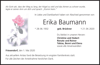 Traueranzeige von Erika Baumann von Neue Presse Coburg