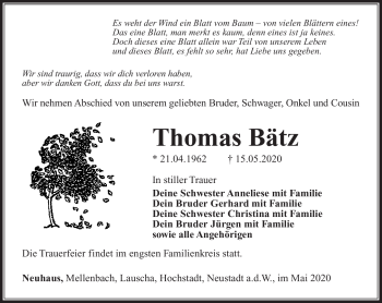 Traueranzeige von Thomas Bätz von Südthüringer Presse
