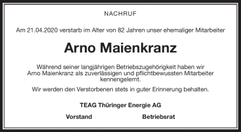 Traueranzeige von Arno Maienkranz von Südthüringer Presse