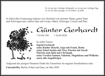 Traueranzeige von Günter Gerhardt von Südthüringer Presse