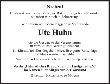 Traueranzeige von Ute Huhn von Südthüringer Presse