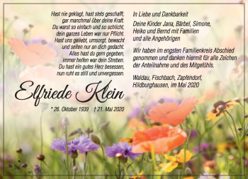 Traueranzeige von Elfriede Klein von Südthüringer Presse